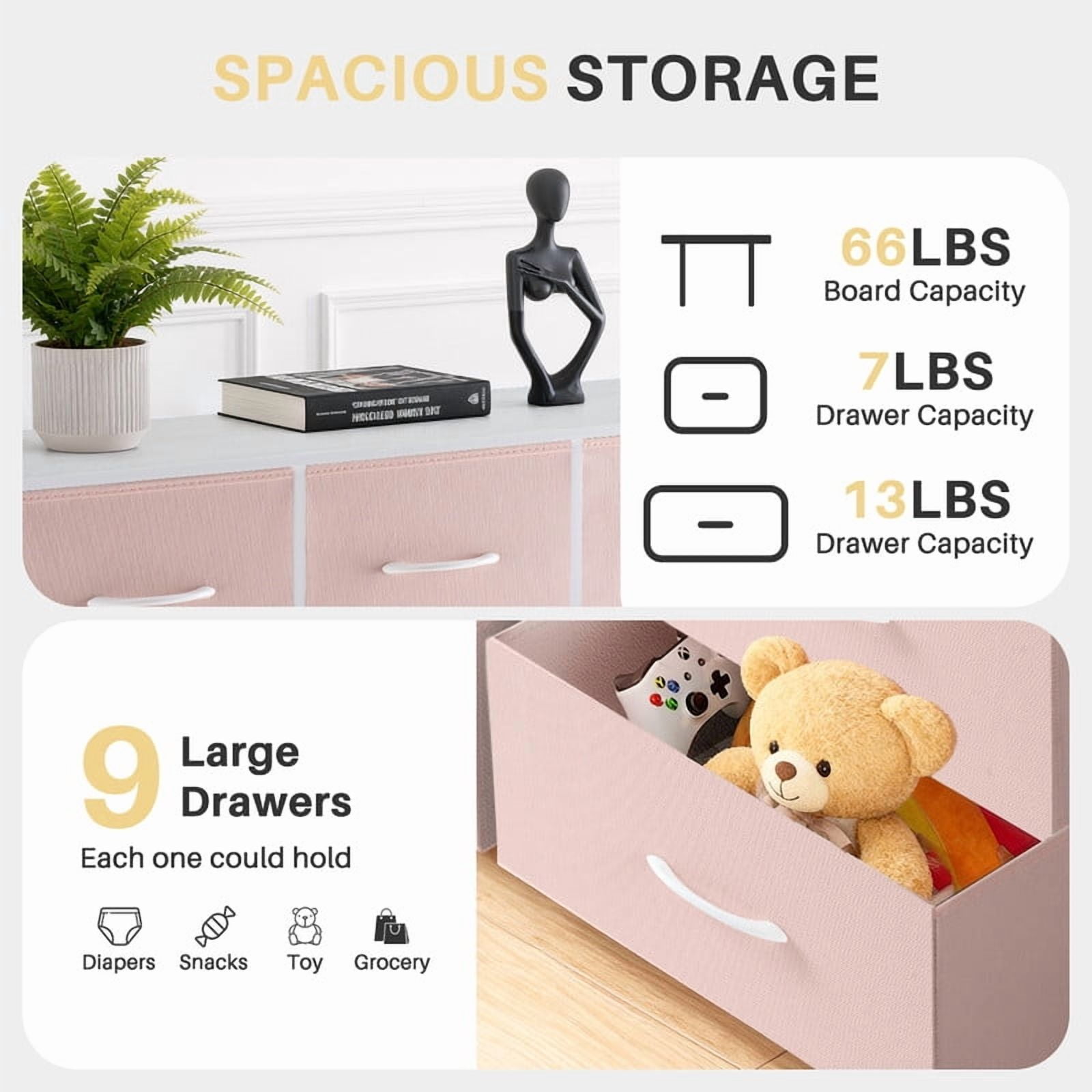 Simenmax 9 Dresser, Storage Drawers with Removable Fabric Bins, Fabric Closet Chests Organizer for Bedroom, Closet, Living Room, Pink