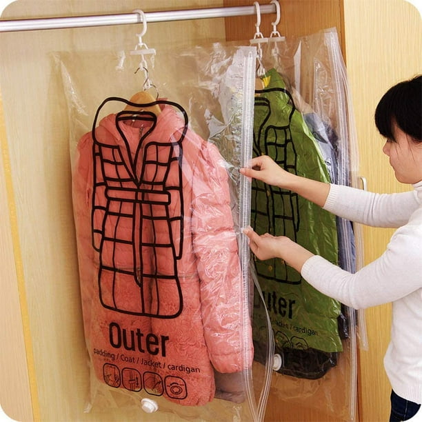 Paquete de 4 bolsas de almacenamiento al vacío, bolsas transparentes para ropa con gancho, bolsas para colgar ropa, bolsas impermeables, bolsa de compresión para ropa de temporada, abrigo de invierno