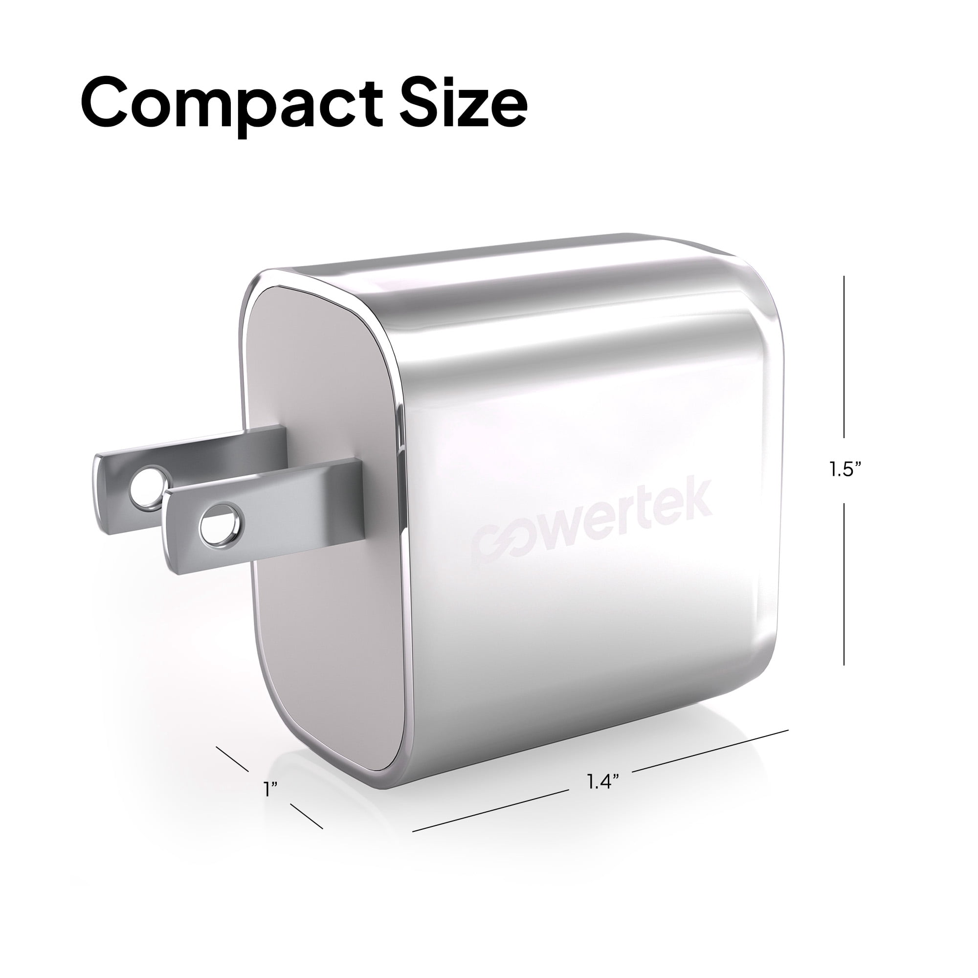 Powertek 20W USB-C PD + 18W USB-A Dual Port Wall Charger, Metallic Shine Pastel, Silver