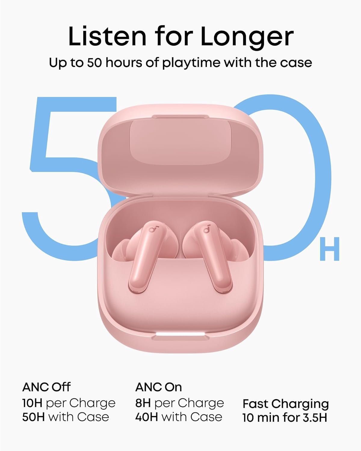 soundcore P31i Wireless Earbuds – Hi-Res Audio, Adaptive Noise Cancelling, 50H Battery Life, Fast Charging, IP55, Ultra-Portable – Pink