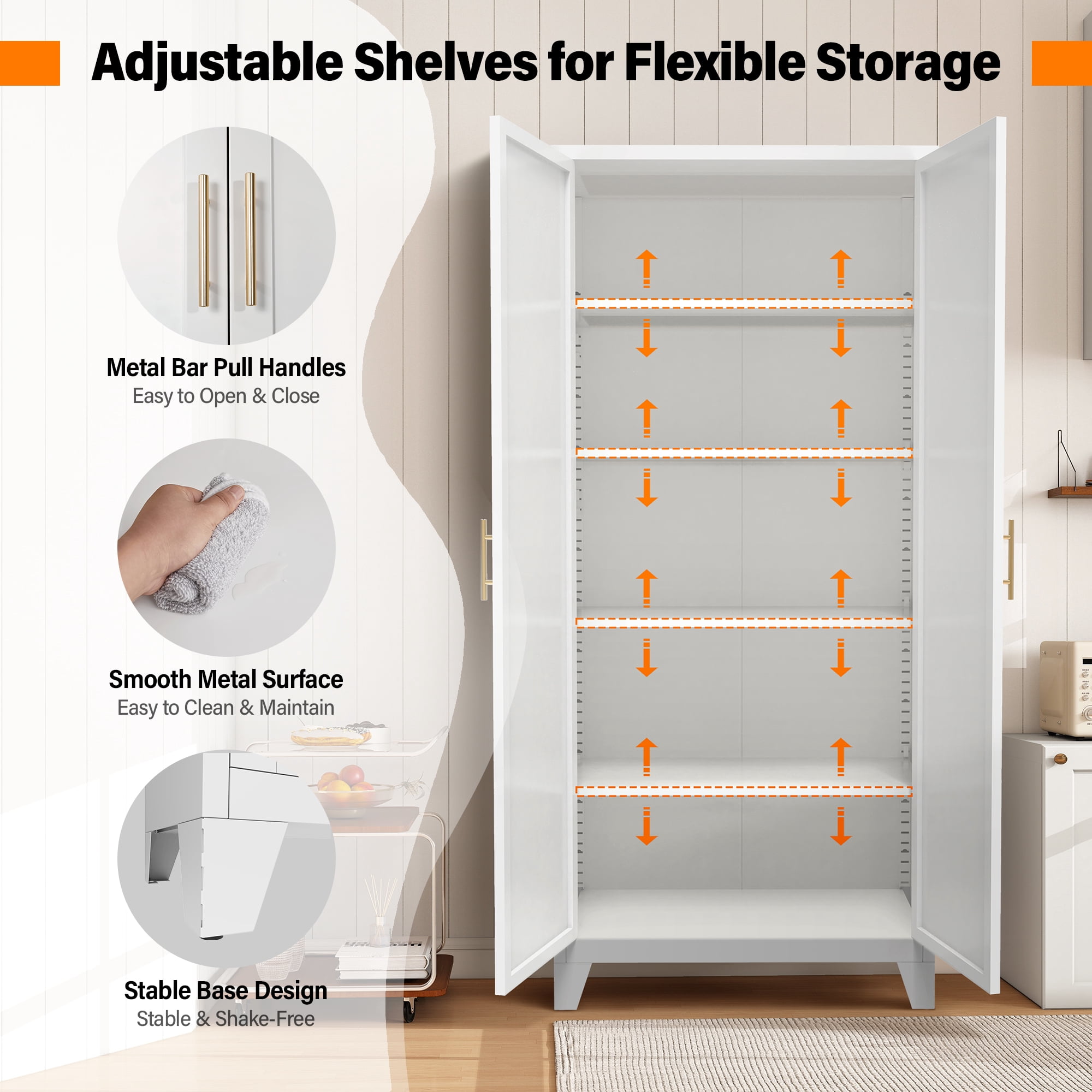 Aukfa 71" Tall Metal Pantry Cabinet,Kitchen Storage Cabinet with Adjustable Shelves for Kitchen/Dining Room/Living Room, White