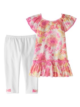 Wonder Nation Tie-Dye Pom Pom Tunic and Capri Legging, 2-Piece Outfit Set (Little Girls & Big Girls)