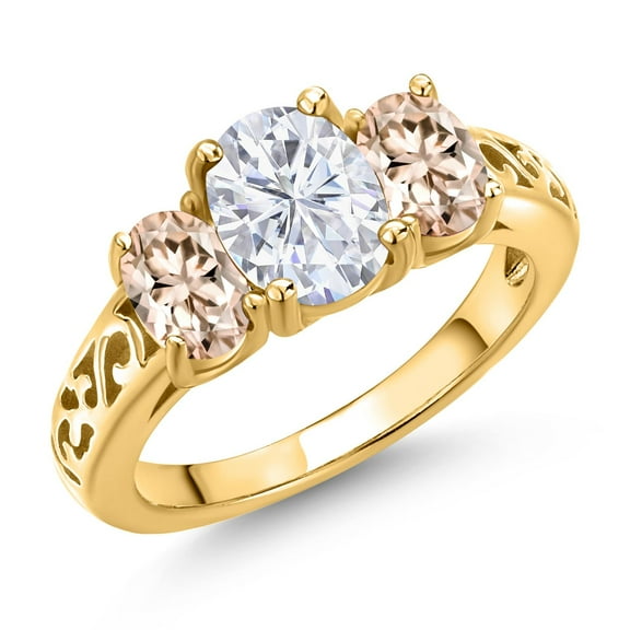 Gem Stone King 18K Yellow Gold Plated Silver White Moissanite and Peach Morganite Filigree Style 3 Stone Ring for Women (2.50 Cttw, Oval 8X6MM and 6X4MM) (Size 9)