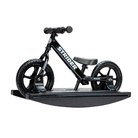 Bicicleta deportiva Strider de 12" (negra) + base mecedora - Ayuda a enseñar al bebé a andar en bicicleta sin equilibrio - Para niños de 6 meses a 4 años - Fácil montaje y ajustes