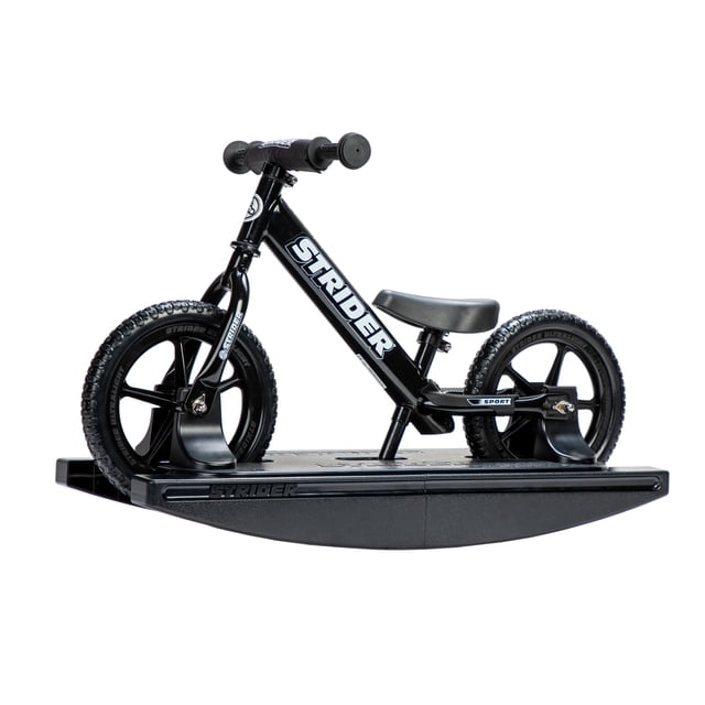 Bicicleta deportiva Strider de 12" (negra) + base mecedora - Ayuda a enseñar al bebé a andar en bicicleta sin equilibrio - Para niños de 6 meses a 4 años - Fácil montaje y ajustes