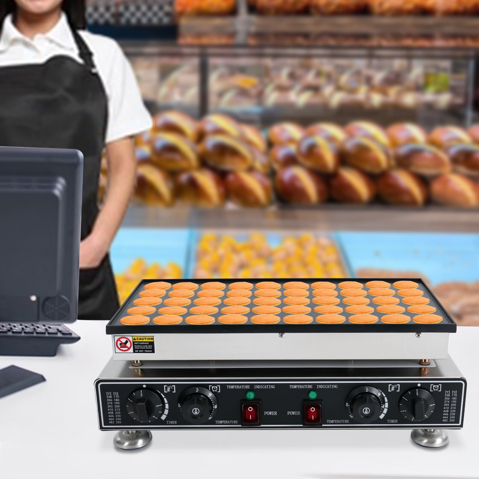 Aiqidi 50 PCS Mini Waffle Pancakes Making Machine 110V Stainless Steel Pancake Maker with Non-stick Coating 1800W Commercial Waffle Making Tool for Home and Restaurants