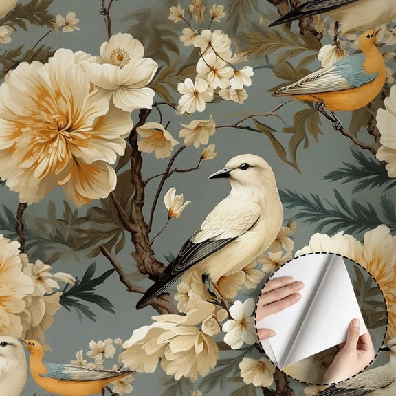 Vintage Chinoiserie Floral Bird Wallpaper Rustic Farmhouse Peel and Stick Wallpaper Waterproof Wall Decor for Living Room Bedroom Bathroom Kitchen Cabinet Dorm Room 17.7 * 78.5 in