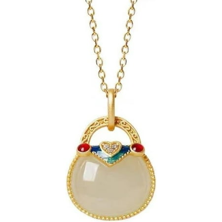 14K Gold Real Natural Jade Enamel Fortune Bag Necklace, Unique Vintage Style Jade Pendant, Delicate Jade Jewelry Gift for Wife's Prosperity