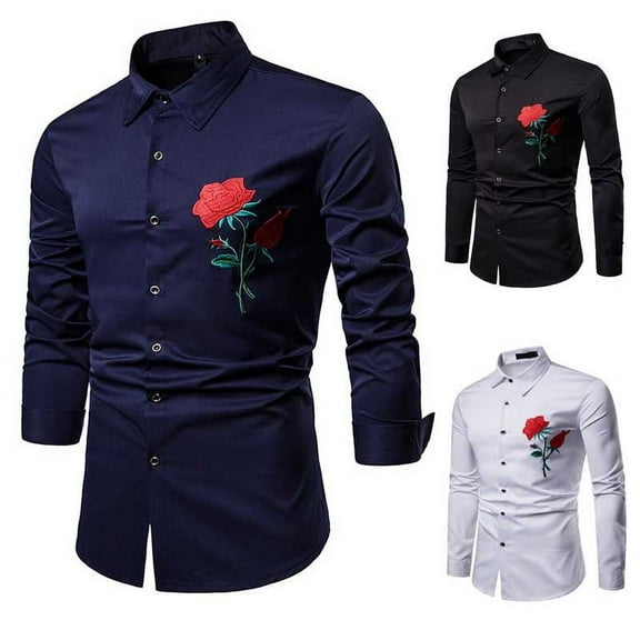 DDAPJ pyju Mens Long Sleeve Dress Shirts Rose Embroidered Button Down Shirt Regular Fit Wrinkle-Free Formal Wedding Shirts White M