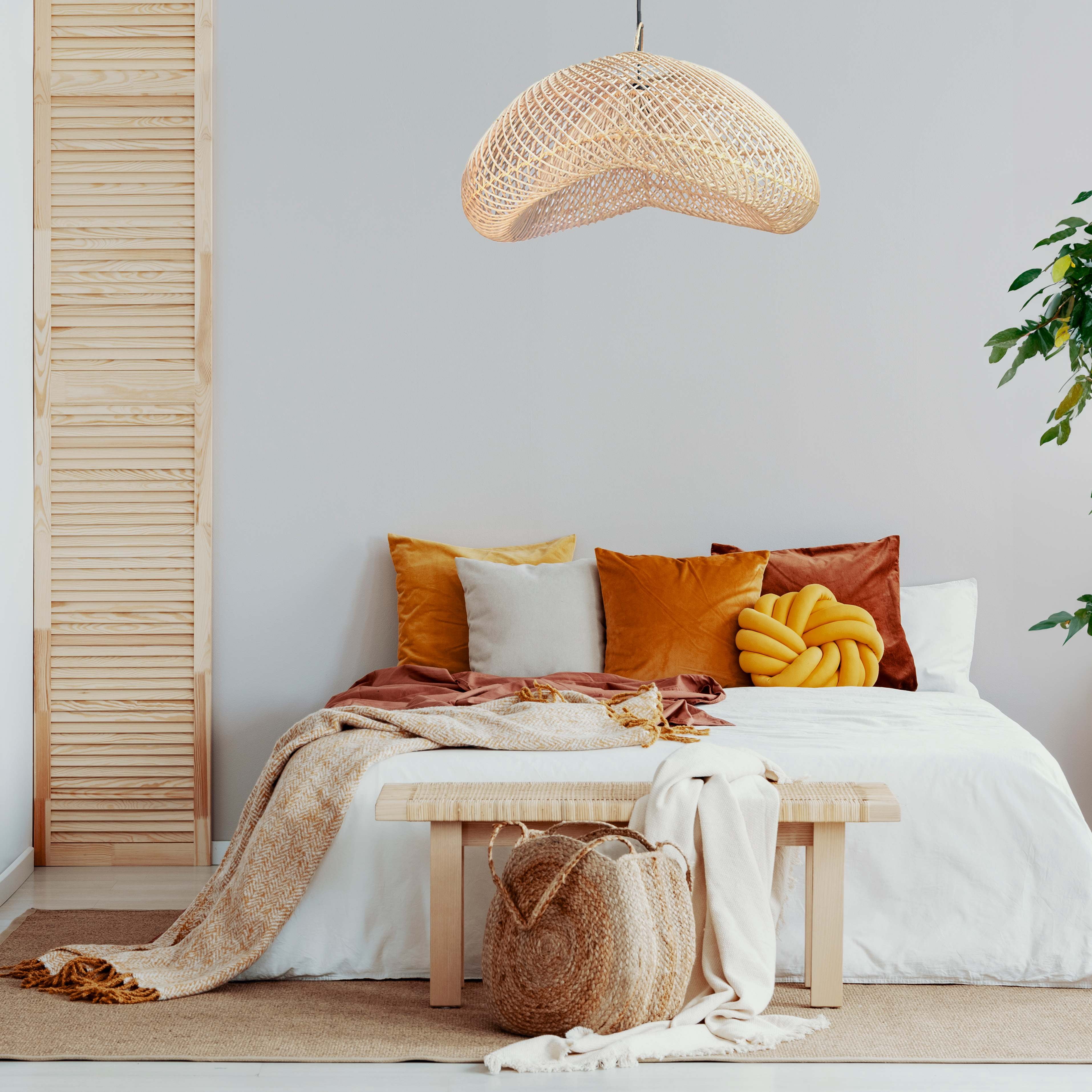 FOREVER BAMBOO Indonesia Handmade Natural Rattan Pendant Light Shade Wicker Light Fixtures Luxurious Bean Shape Woven Lampshade Chandelier Interior Decor, 12 in H x 24 in W