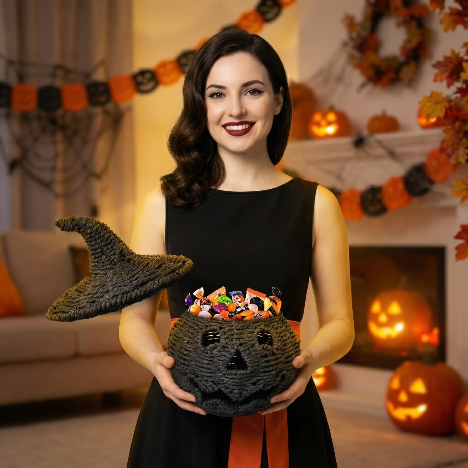 Decorr Halloween Pumpkin Basket Decor, 9x10" Black Woven Jack-O-Lantern with Witch Hat, Spooky Halloween Treat Bucket, Handwoven Halloween Party Decor & Trick-or-Treat Basket
