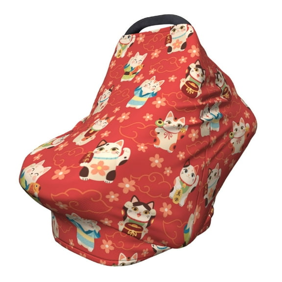 Fotbe Japanese Maneki Cats Pattern Car Seat Covers for Babies, Nursing Breastfeeding Cover Infant Carseat Canopy, Soft Stretchy Carrier Cover