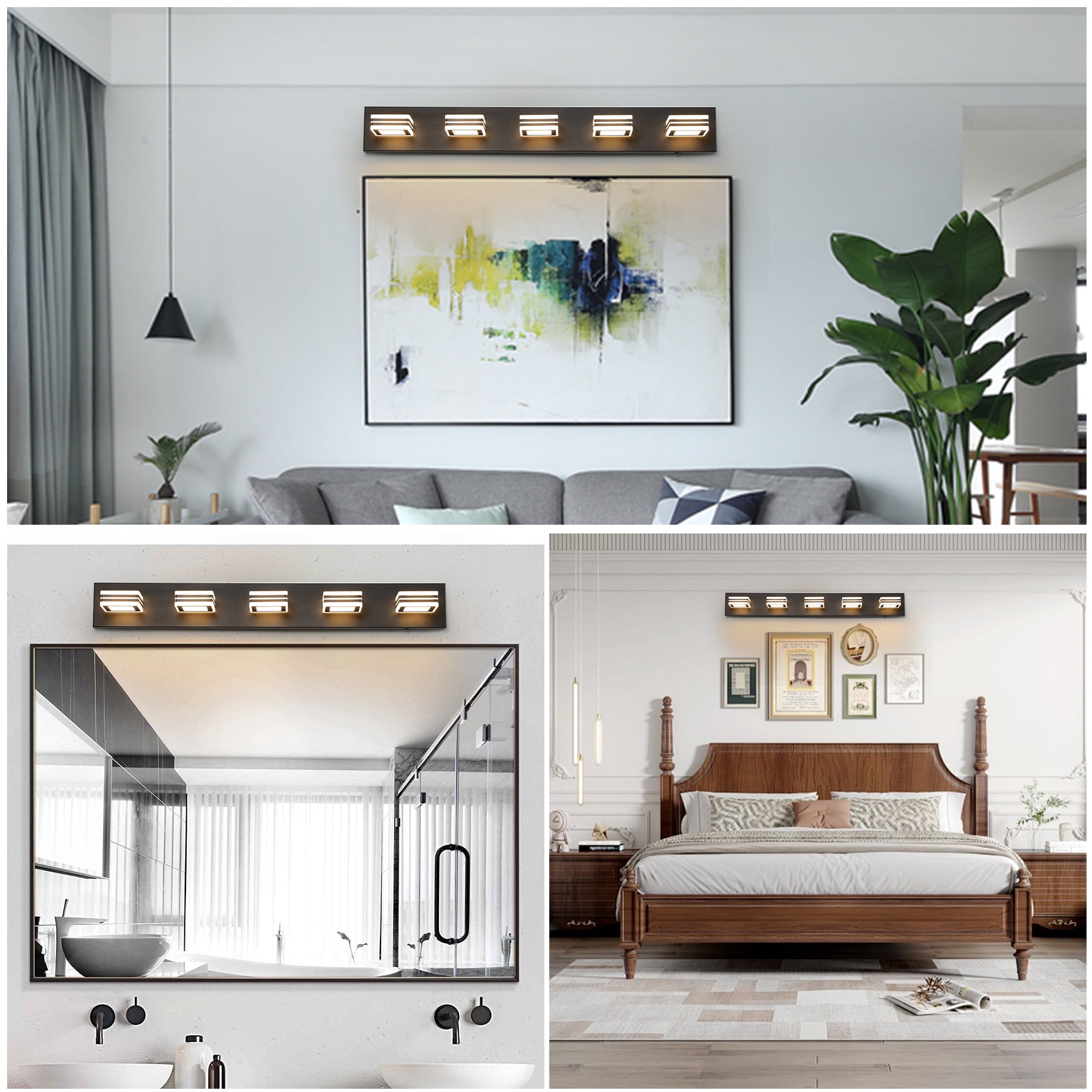Leumius 34" Modern 5-Light LED Vanity Light, Square Acrylic Lampshades Wall Mount Fixture for Mirror, Bathroom, Bedroom and Hallway Black