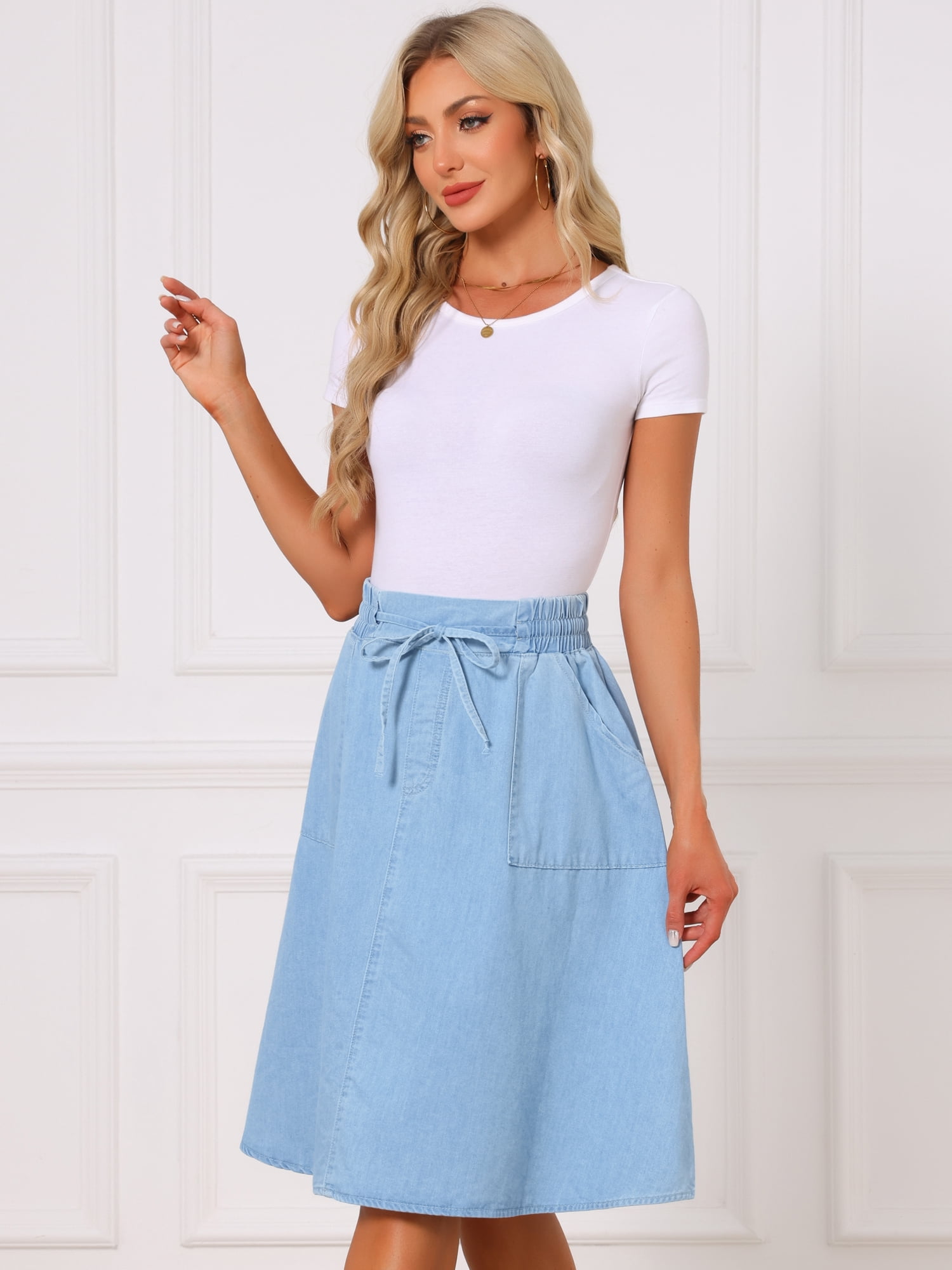 DARING DIVA Women's Denim A-Line Flare Midi Jean Skirt with Pockets XL Light Blue