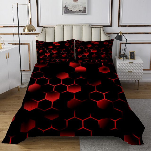 Erosebridal Gradient Honeycomb Coverlet Set King,Neon Geometry Bedding Set,Boys Room Decorative,3-Piece