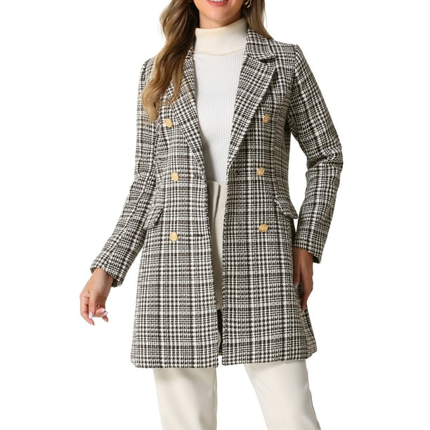 CHAQUETA BLAZER DE TWEED A CUADROS DOBLE BOTÓN ELEGANTE CON SOLAPA NOTCH PARA MUJERES CHIC L MARRÓN