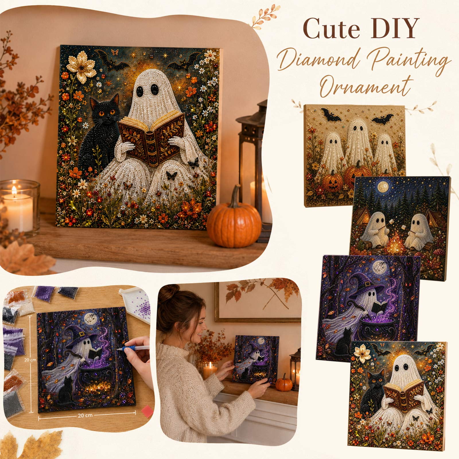 DIY Pearl Painting Kit Halloween Ghost Black Cat Diamond Art Craft 3D Bead Mosaic Sticker Set for Adults Kids Spooky Autumn Home Wall Decor Gift