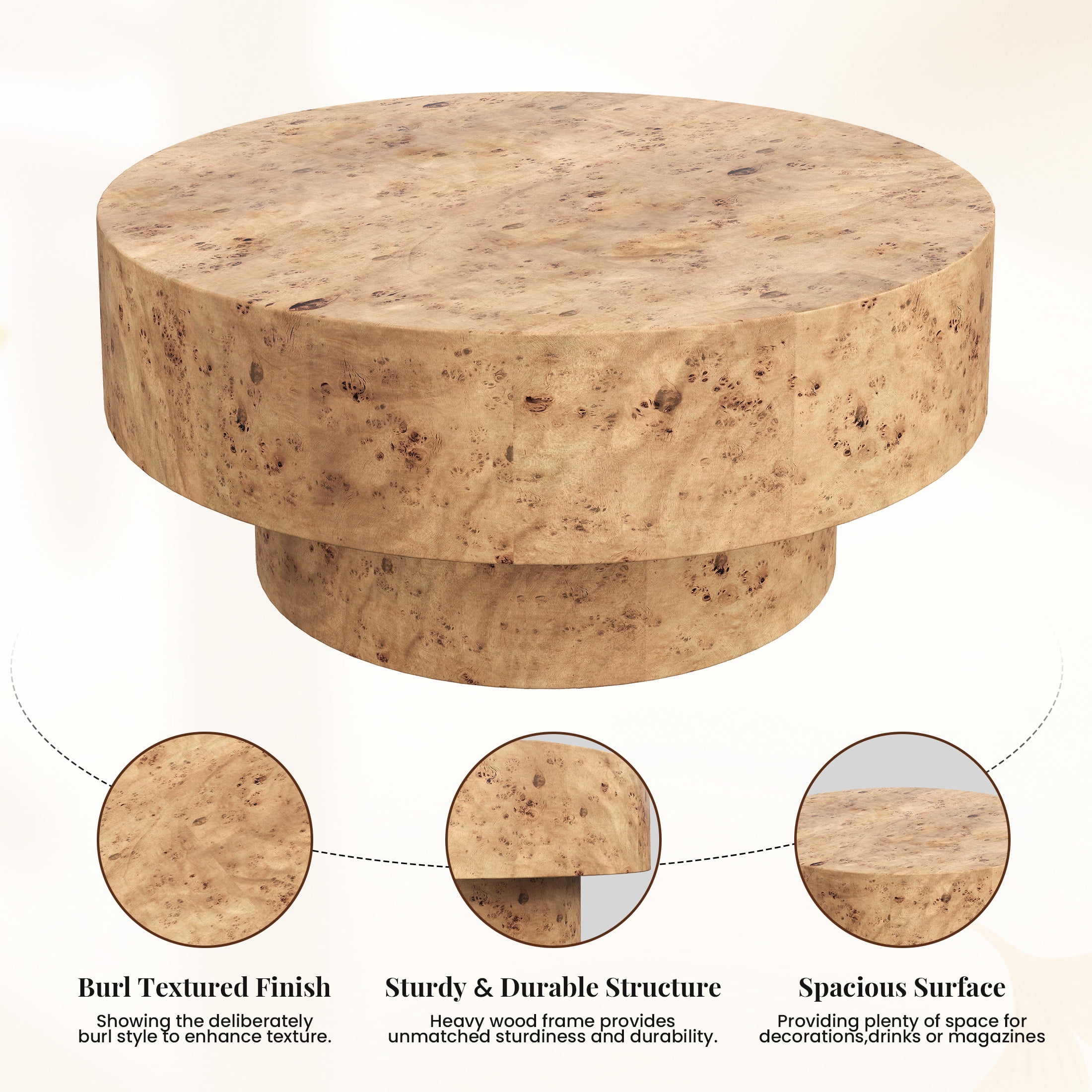 Gelloan 31.5" Round Coffee Table, Modern Drum Burl Coffee Tables for Living Room 31.5" Mid Century Wooden Pedestal Circle Accent Small Center Apartment Easy Assembly,Burl