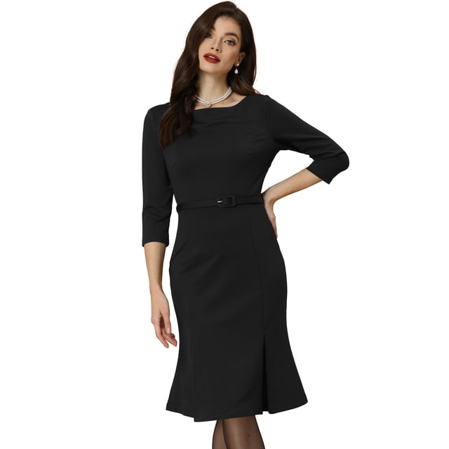 Vestido Midi Plisado Allegra K para Mujer Cuello Barco Negro XS
