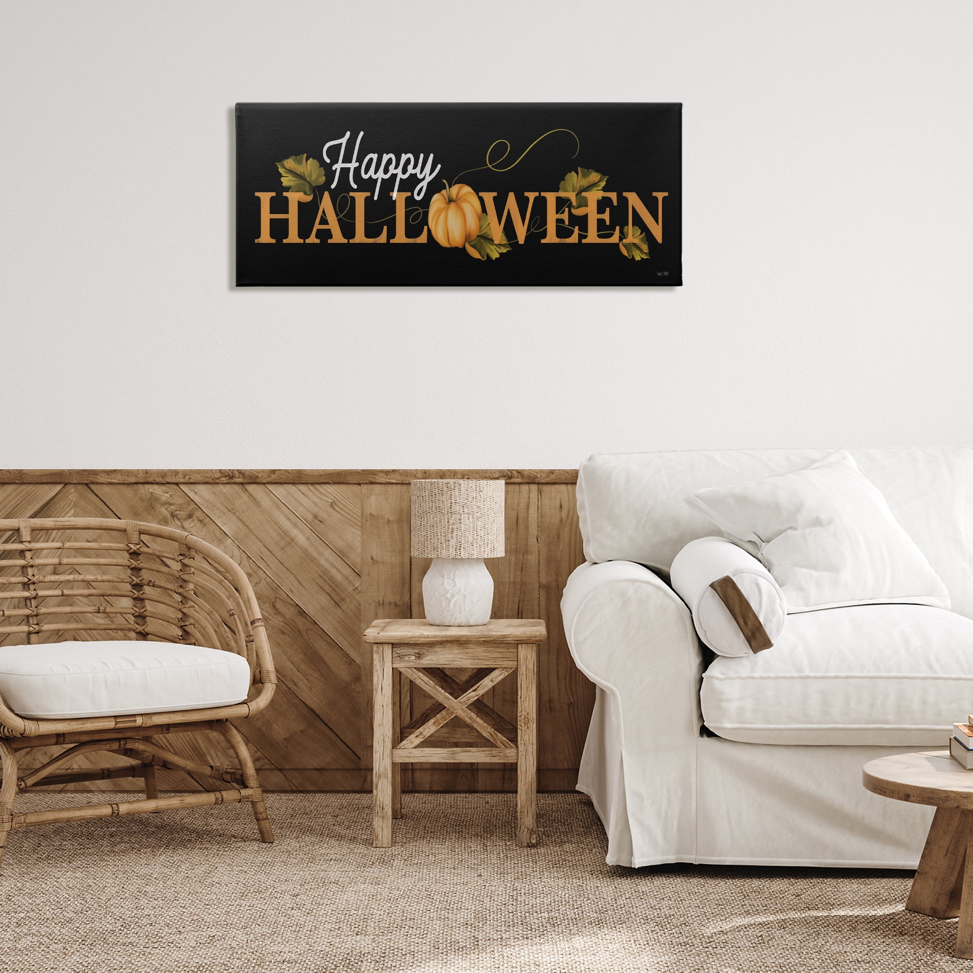 Stupell Industries Happy Halloween on Black Holiday Painting Gallery Wrapped Canvas Art Print Wall Art, 40 x 17
