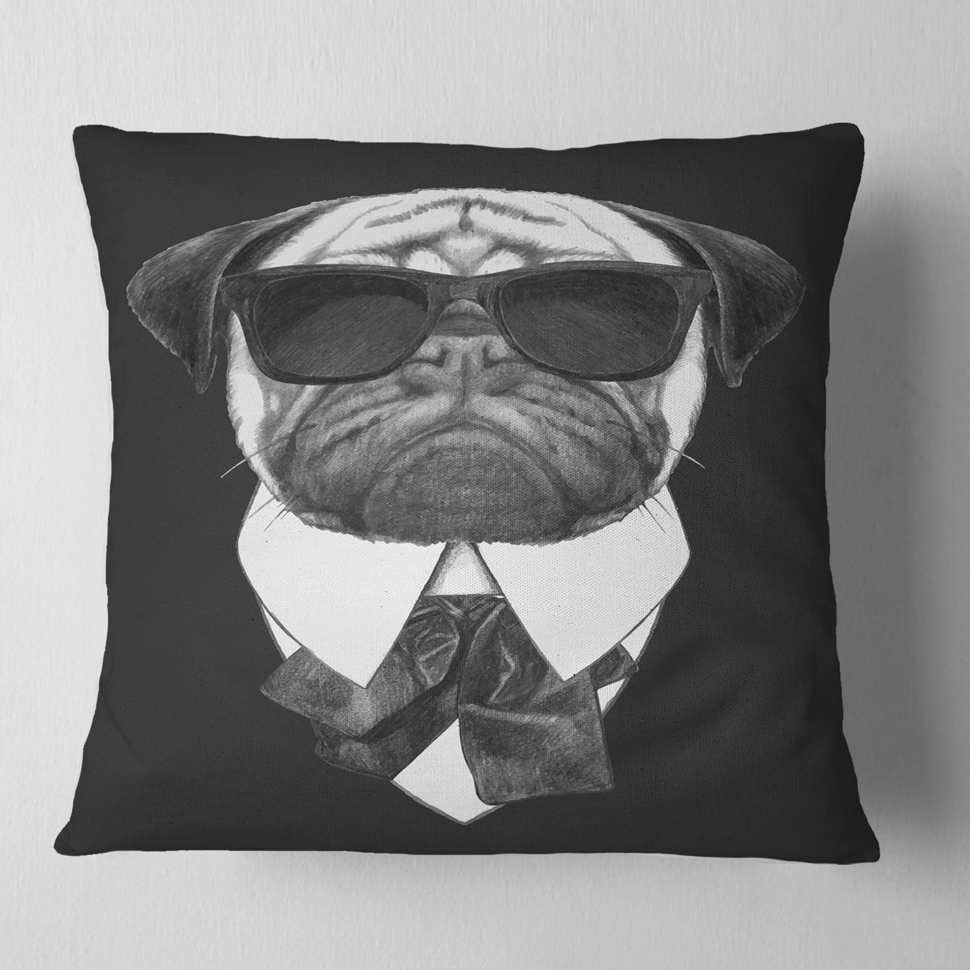 Designart Funny Dog with Black Glasses - Animal Throw Pillow - 16x16