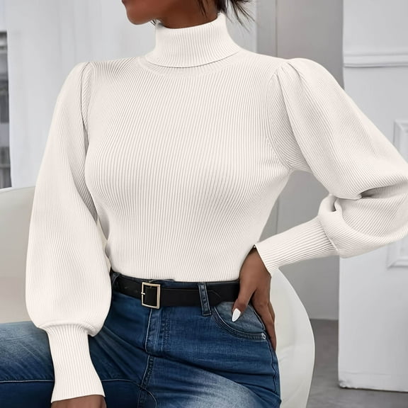 Zedker Women'S High Neck Lantern Sleeves Soft Ribber Knitted Sweaters,Casual Long Sleeve Lined Sweatshirts,Comfy Solid Color Fall Tops,White,L
