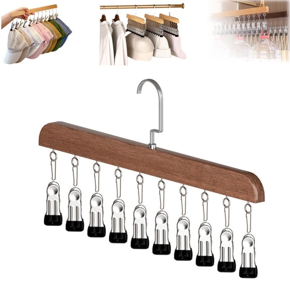 Wooden Pants Hangers with 10 Clips, 360° Rotating Hook Closet Organizer, Space-Saving Hanger for Skirts Scarves Hats Socks