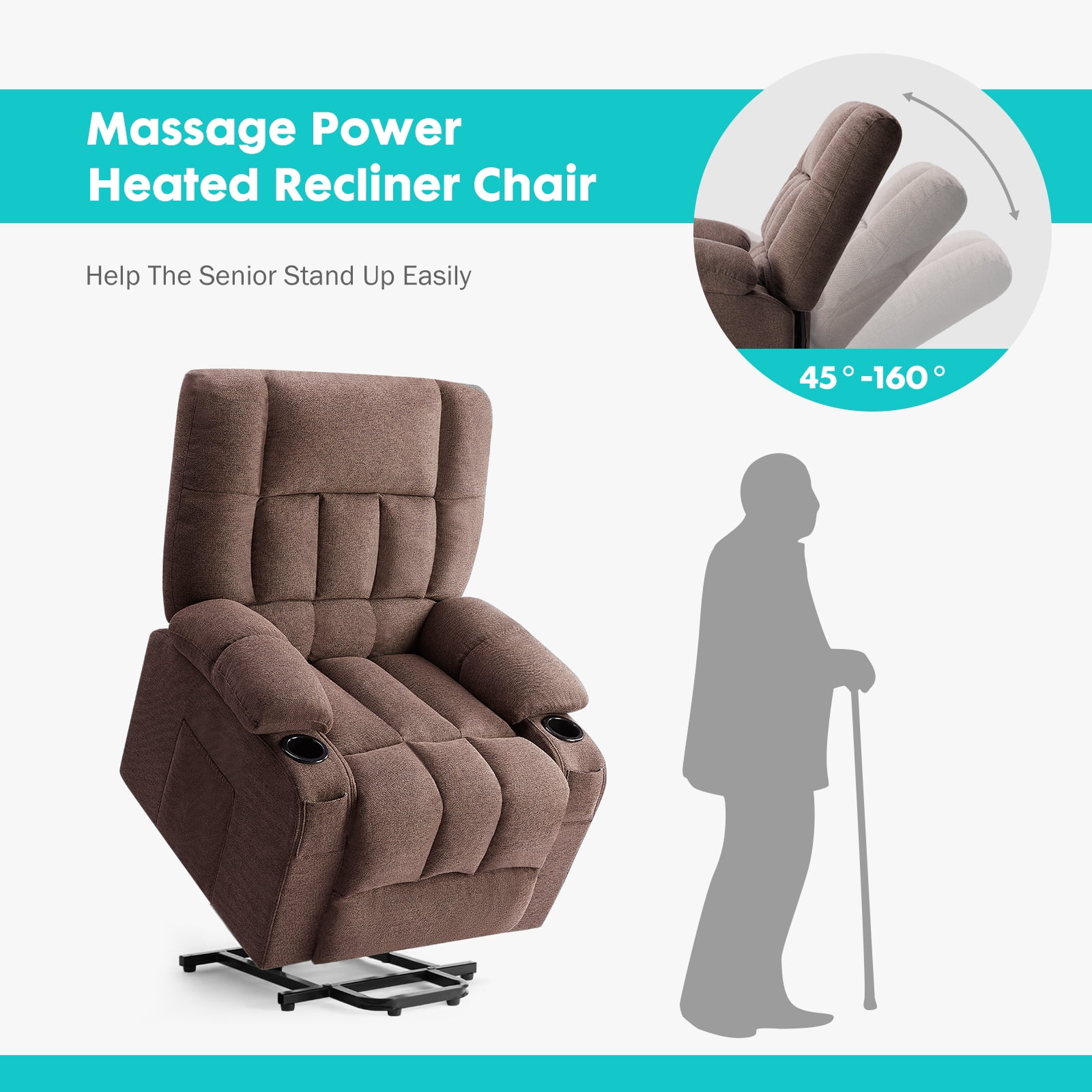 GIANNA Recliner Chair with Vibrating Massage and Heating, Adjustable Electric Power Lift Chair with Remote Control, For Living Room, Brown