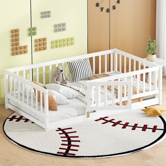Noble House Auburn 77" Twin Montessori Floor Bed with Fence and Gate, Wood Bed Frame with Slats for Kids, White