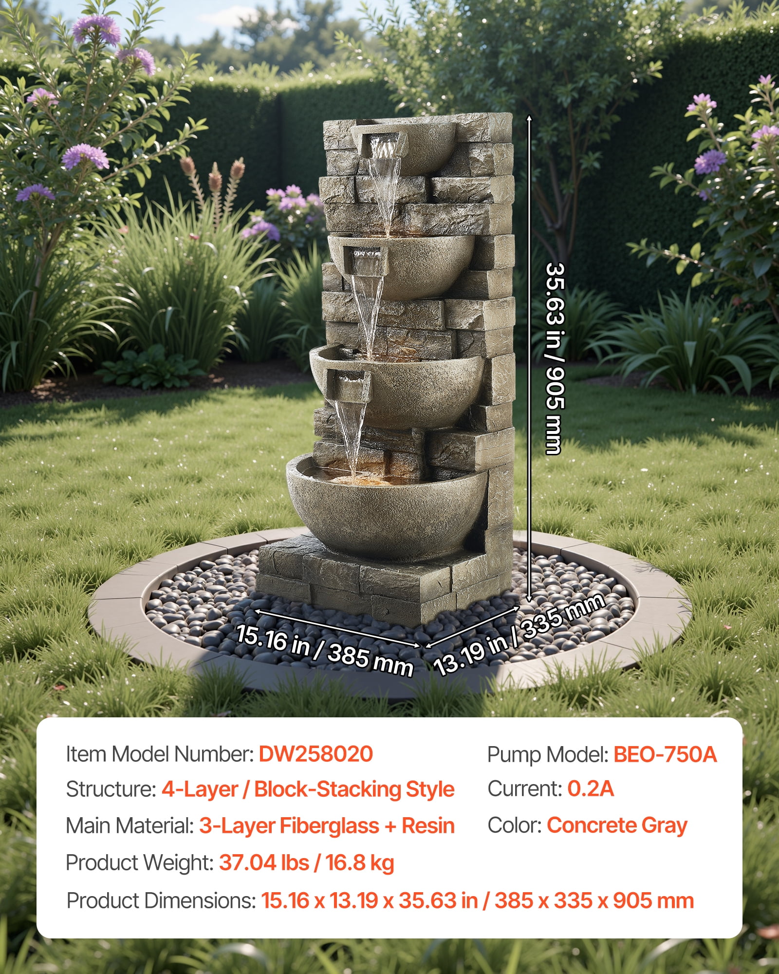 VEVOR Outdoor Water Fountain,35.63 in Height Fountain and Waterfall, 4-Tier Floor Standing Cascading Fountains with LED Light and Pump, Block Stack Style, for Outdoor Indoor Garden, Patio & Backyard