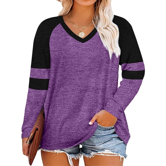 Langwyqu Plus Size Women V-Neck Raglan Sleeve Stripe Shirt Tops