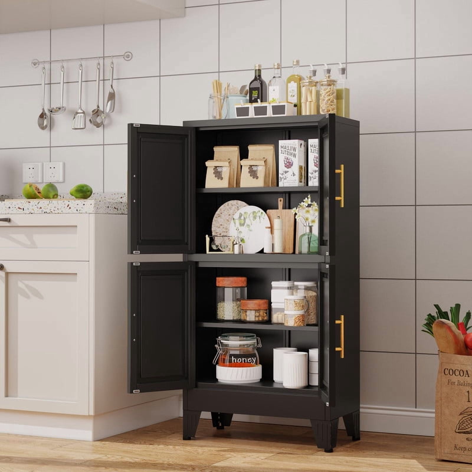 EROSOEI Sturdy Metal Pantry Storage Cabinet with Doors and Shelves Black White
