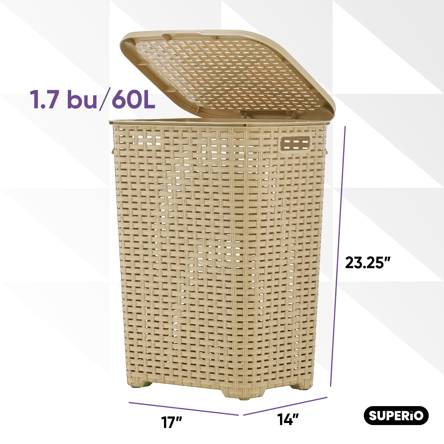 Superio Laundry Hamper Basket With Easy Open Lid 60 Liter Beige, Large Wicker Hamper, Dirty Cloths Storage With Two Cutout Handles, Laundry Room Bin