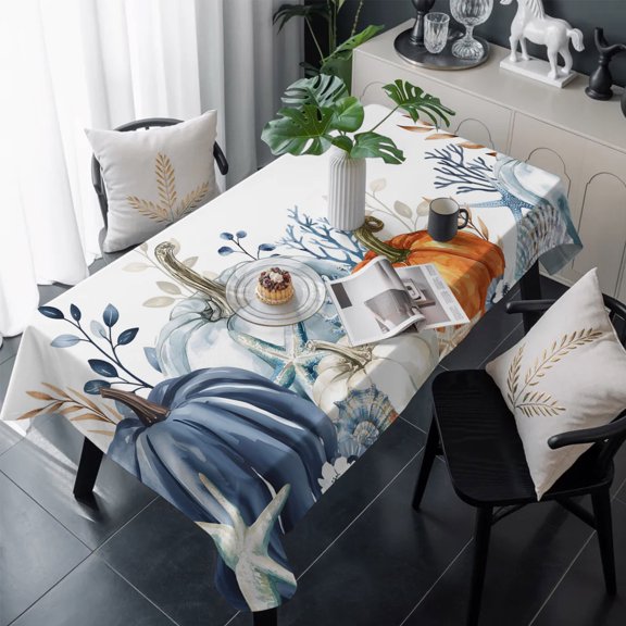 Blue Pumpkin Coastal Fall Table Cloth Waterproof Tablecloths, Thanksgiving Eucalyptus Leaves Tablecloth Dining Table Cover for Kitchen Party Tabletop Outdoor, Rectangle Tablecloth 54x108 Inch