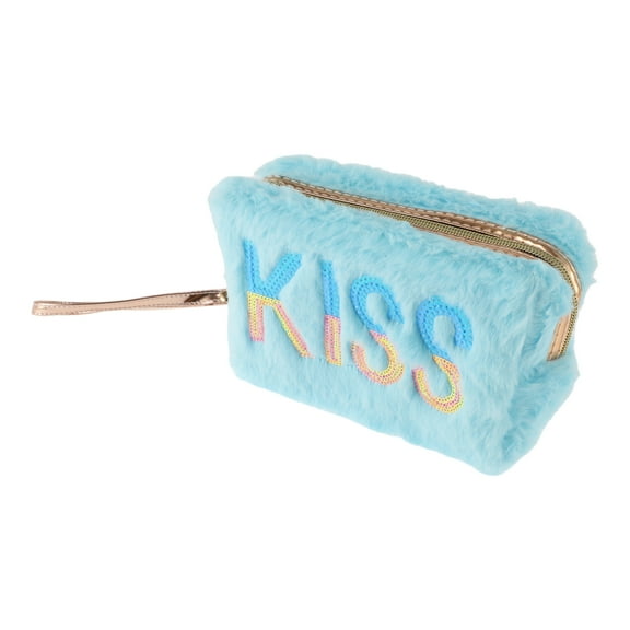 1 Pc Women Portable Sequin KISS Makeup Bag for Travel Vacation Camping Blue Plush