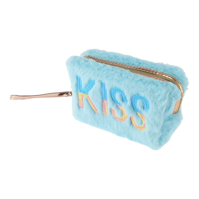 1 Pc Bolsa de Maquillaje KISS de Lentejuelas Portátil para Mujeres para Viajes, Vacaciones, Camping, Color Azul de Peluche