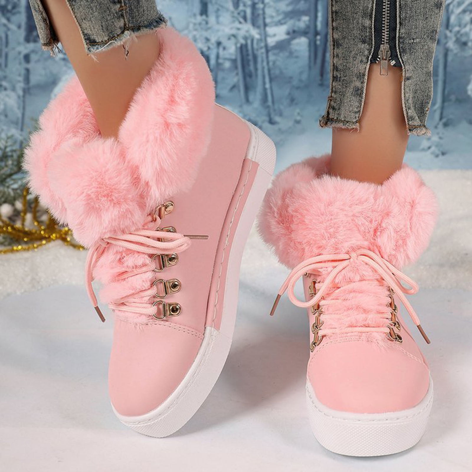 Dasayo Hiking Booties for Women Ankle Furry Pink Faux Leather Winter Lace up Flat Heel Shoes Women Shoes 40