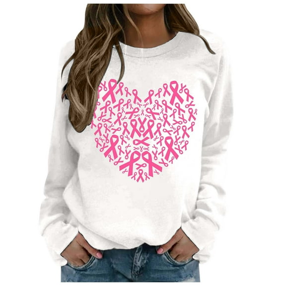 Fiaer,Womens Tops with Cancer Awareness Print,Crew Neck Sweatshirt Women,Loose Fit Casual Trendy Plus Size Pullover,Long Sleeve Lightweight Warm Hoodless Hoodies White XL