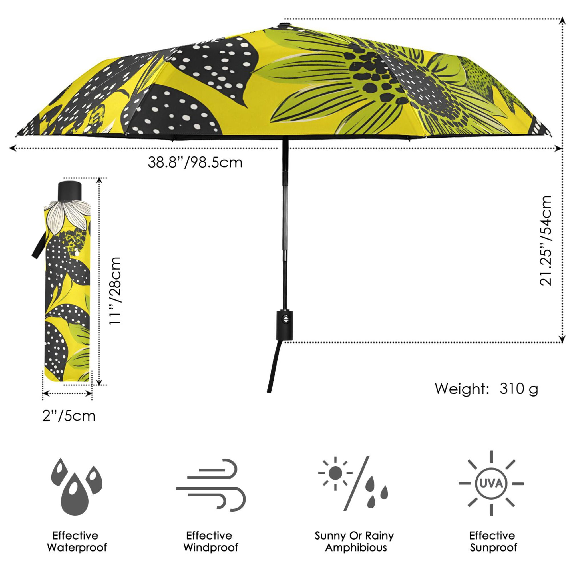 FORMRS Travel Umbrella Folding Auto Open Close Windproof Rain UV Protection, Yellow Flowers