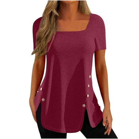 

Yourumao Women Clearance Tops Slim Tunic Bustier for Teen Girls Summer Fall Short Sleeve Scoop Neck with Slit Basic Blouses Bustier Women Button Up Clothing