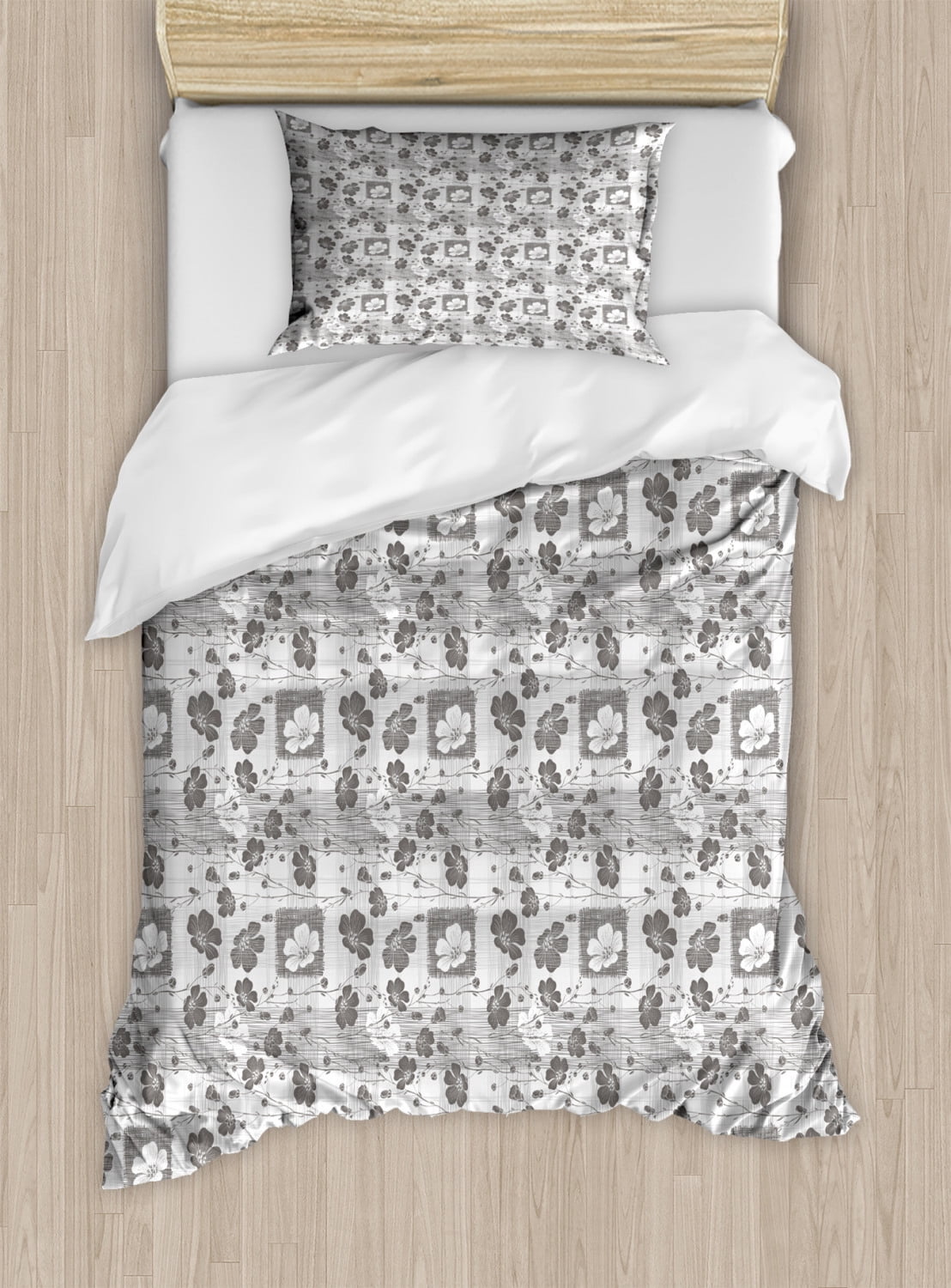 Grey and White Twin Size Duvet Cover Set, Hand Drawn Artistic Inflorescence on Tender Spring