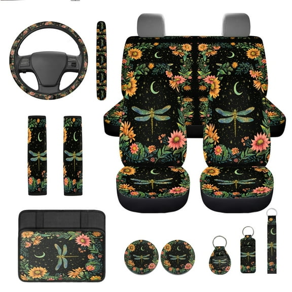 Yuyamidu Dragonfly Car Seat Cover Full Set of 13 Flowers Auto Steering Wheel Cover Seat Belt Strap Pads Cup Coasters Armrest Cover Pad Keychain Car Accessories