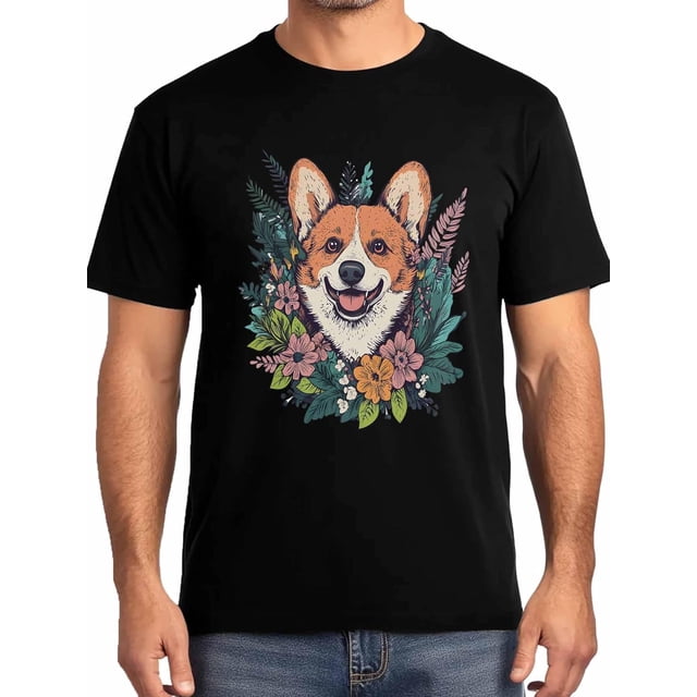 Cute Dog Flowers Mens T-Shirts,Short Sleeve T Shirts for Men Crew Neck Tee Green Leaves Floral Men's T-Shirts