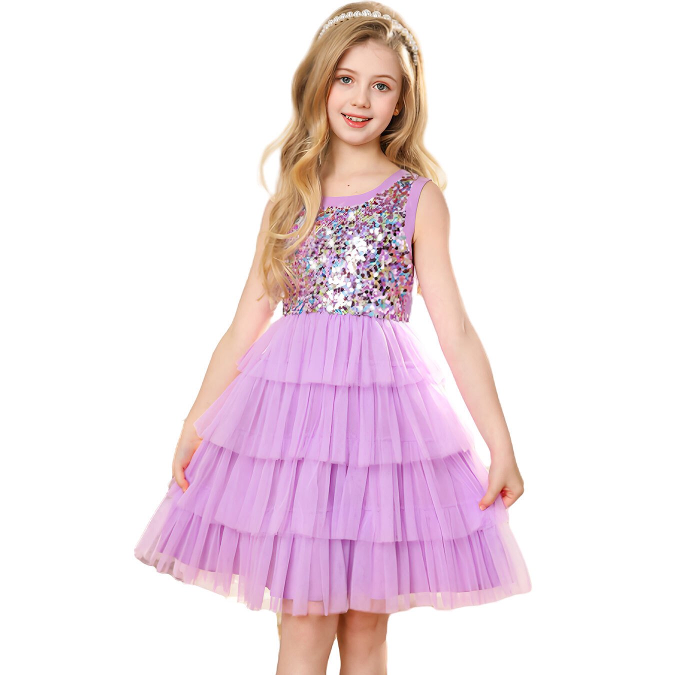 8-12Y Girls Sequin Dress Sleeveless Birthday Prom Tulle Tutu Dress