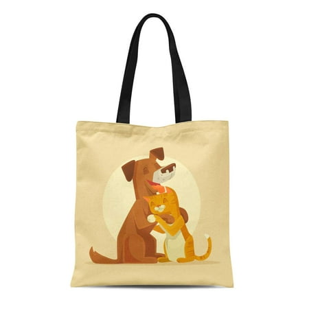 SIDONKU Canvas Tote Bag Pet Cat and Dog Characters Best Happy Friends Flat Durable Reusable Shopping Shoulder Grocery (Cat And Dog Best Friends)