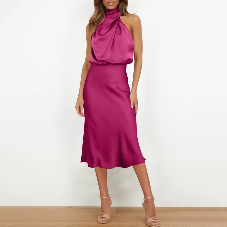 Alkepwun Evening Formal Dresses for Women Temperament Satin Sleeveless Dress Mock Neck Wedding Guest Socialite Lightweight Evening Dress, Women's,