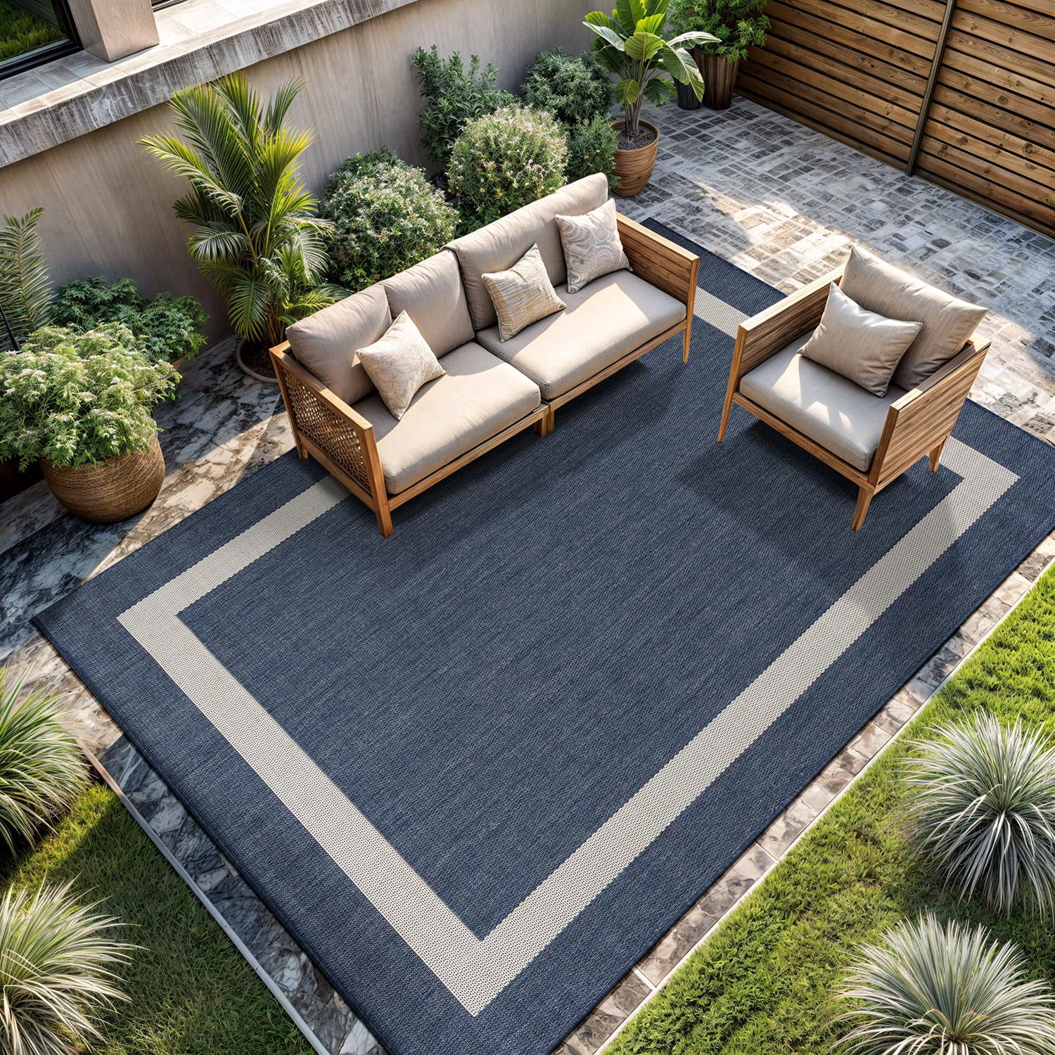 Outdoor Rug 9x12  Large Modern Outside Rugs For Patios Porches Waterproof Durable Washable Non-shedding Easy-to-clean Indoor Area Carpet (9 X 12 Bordered - Blue/white)