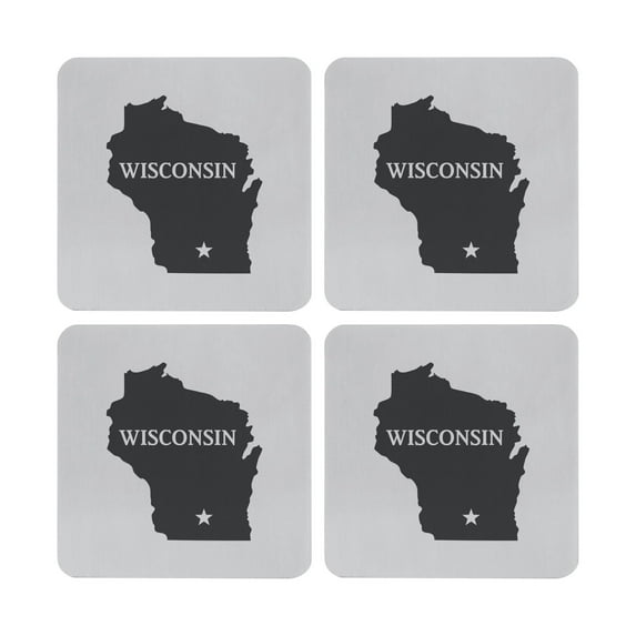 Supreme Stainless Steel 4-Piece Square Coasters with Non-Slip EVA Backing (Wisconsin)