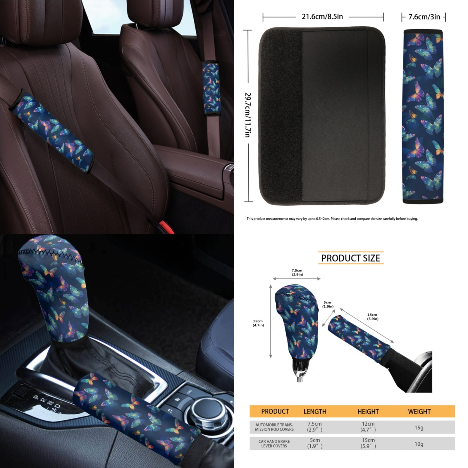 Renewold Butterfly Car Seat Cover Set 14 Pack with Steering Wheel Seat Belt Strap Gear Shift Knob Cover Set Garbage Bin Armrest Pad Rearview Mirror Coasters Universal Fit SUV Sedans, Dark Blue