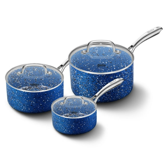 HLAFRG Nonstick Premium 3-Piece Saucepan Set with Glass Lids, Blue, Natural Durable Granite Coating, Nonstick, Durable & Oven Safe to 450°F, 1&2&3QT